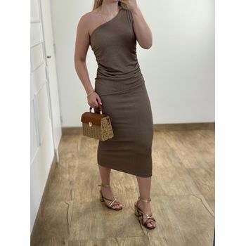 Vestido Midi Drapeado Marrom