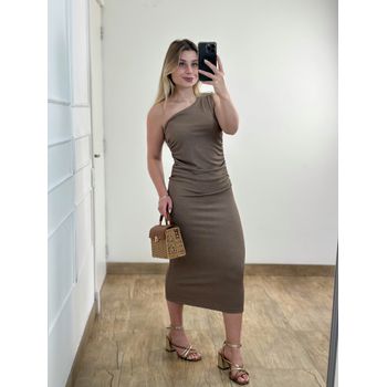 Vestido Midi Drapeado Marrom