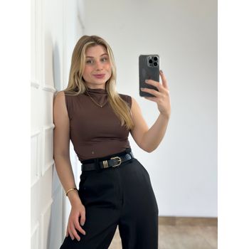 Blusa Poliamida Drapeada Lateral Marrom Café