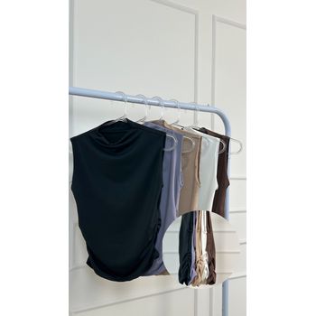 Blusa Poliamida Drapeada Lateral Marrom Café