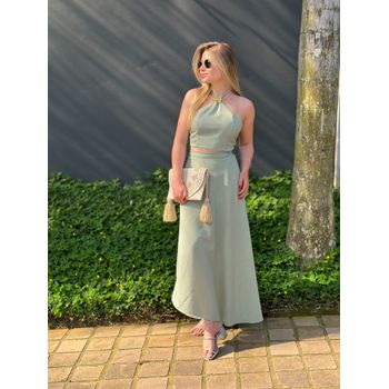 Conjunto Linho Saia Envelope e Blusa Verde