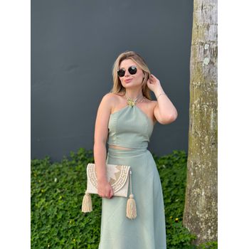 Conjunto Linho Saia Envelope e Blusa Verde