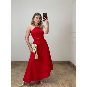 Conjunto Linho Saia Envelope e Blusa Vermelho