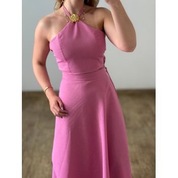 Conjunto Linho Saia Envelope e Blusa Rosa