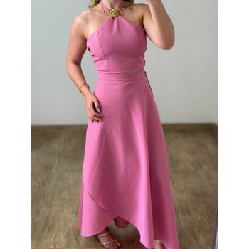 Conjunto Linho Saia Envelope e Blusa Rosa