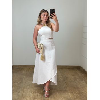 Conjunto Linho Saia Envelope e Blusa Off White