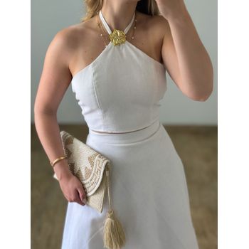 Conjunto Linho Saia Envelope e Blusa Off White