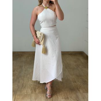 Conjunto Linho Saia Envelope e Blusa Off White