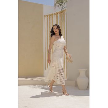 Vestido Macramê uma manga Cru