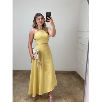 Conjunto Linho Saia Envelope e Blusa Amarelo Manteiga