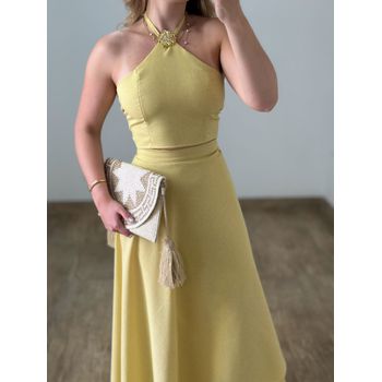 Conjunto Linho Saia Envelope e Blusa Amarelo Manteiga