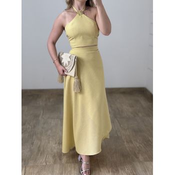 Conjunto Linho Saia Envelope e Blusa Amarelo Manteiga