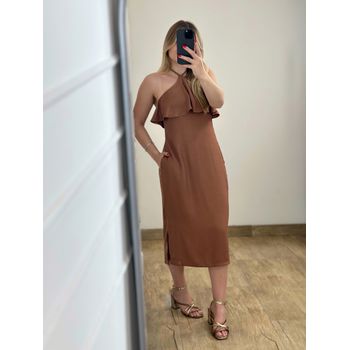 Vestido Midi Babado Marrom