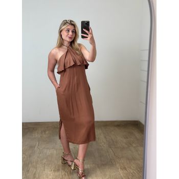 Vestido Midi Babado Marrom