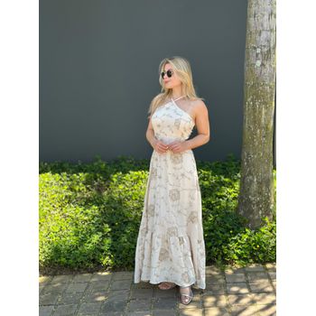 Vestido Longo Bordado Nude
