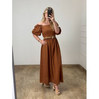 Vestido Linho Manga Marrom