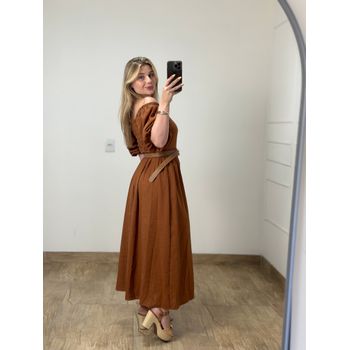 Vestido Linho Manga Marrom