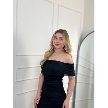 Vestido Tule Ombro a Ombro Preto