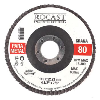 Disco de Lixa Flap 115 x 22mm 4.1/2pol x 7/8pol Gr 80 102,0003 ROCAST - Ritec Máquinas e Ferramentas