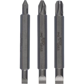 Jogo de pontas duplas Bosch Extra Hard 60mm, 3 peças, PH1, PH2, PH3, S0,6x4,5, S0,8x5,5, S1,2x6,5 - Ritec Máquinas e Ferramentas