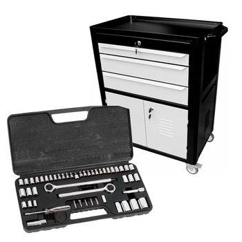 Carrinho Para Ferramentas Preto Com 3 Gavetas + Jogo de Soquete 52 Peças - Fercar - Ritec Máquinas e Ferramentas