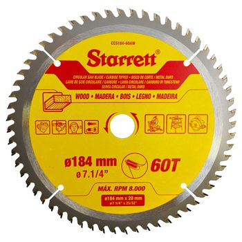 Lâmina De Serra Circular MD Para Madeira 184mm x 60D (CCS184-60AW) - Starrett - Ritec Máquinas e Ferramentas