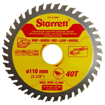 Lâmina de Serra Circular MD Para Madeira 110mm x 40D (CCS110-40BW) - Starrett - Ritec Máquinas e Ferramentas