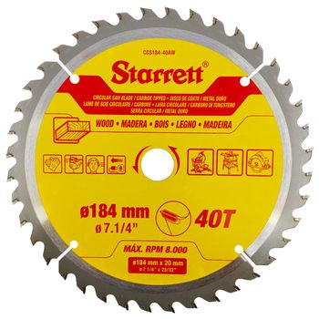 Lâmina de Serra Circular MD Para Madeira 184mm x 40D (CCS184-40AW) - Starrett - Ritec Máquinas e Ferramentas