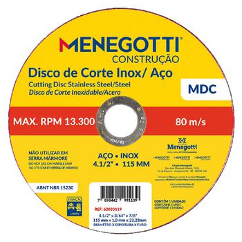 Disco de Corte Inox / Aço 115mm MDC (63030119) - Menegotti - Ritec Máquinas e Ferramentas