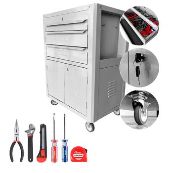 Carrinho Para Ferramentas Cinza Com 3 Gavetas + Jogo de Ferramentas 6 Peças - Fercar - Ritec Máquinas e Ferramentas