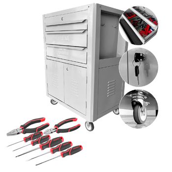 Carrinho Para Ferramentas Cinza Com 3 Gavetas + Jogo de Ferramentas 7 Peças - Fercar - Ritec Máquinas e Ferramentas