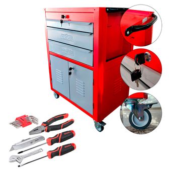 Carrinho Para Ferramentas Vermelho Com 3 Gavetas + Jogo de Ferramentas 16 Peças - Fercar - Ritec Máquinas e Ferramentas
