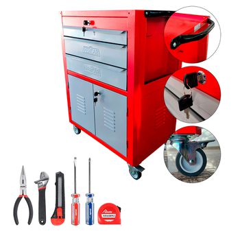 Carrinho Para Ferramentas Vermelho Com 3 Gavetas + Jogo de Ferramentas 6 Peças - Fercar - Ritec Máquinas e Ferramentas