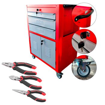 Carrinho Para Ferramentas Vermelho Com 3 Gavetas + Jogo de Alicates 3 Peças - Ferca - Ritec Máquinas e Ferramentas