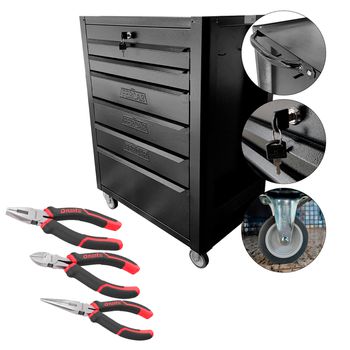 Carrinho Para Ferramentas Todo Preto Com 6 Gavetas + Jogo de Alicates 3 Peças - Fercar - Ritec Máquinas e Ferramentas