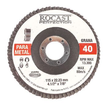 Disco de Lixa Flap 115 x 22mm 4.1/2pol x 7/8pol Gr 40 102,0001 ROCAST - Ritec Máquinas e Ferramentas