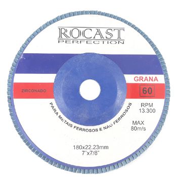 Disco de Lixa Flap 180 x 22mm 7pol x 7/8pol Gr 60 102,0006 ROCAST - Ritec Máquinas e Ferramentas