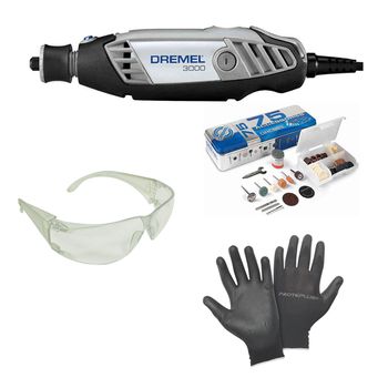 Combo Micro Retífica DREMEL 3000 10 + 75 Acessórios (127V) + Óculos de Proteção Incolor + Luva Tricotada - Ritec Máquinas e Ferramentas