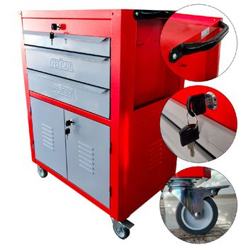 Carrinho Para Ferramentas Fechado Com 3 Gavetas Vermelho (C06) - Fercar - Ritec Máquinas e Ferramentas