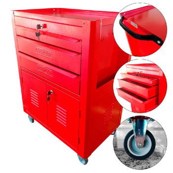 Carrinho Para Ferramentas Fechado Com 3 Gavetas Todo Vermelho (C06) - Fercar - Ritec Máquinas e Ferramentas