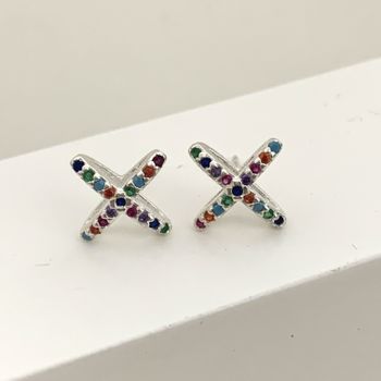 Brinco em X com Zircônia Colorida Prata 925 - 1077... - Roanne Jóias