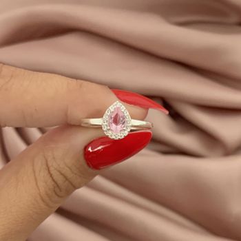 Anel Gota Rosa Cristal Com Zirconia Prata 925 - 10... - Roanne Jóias