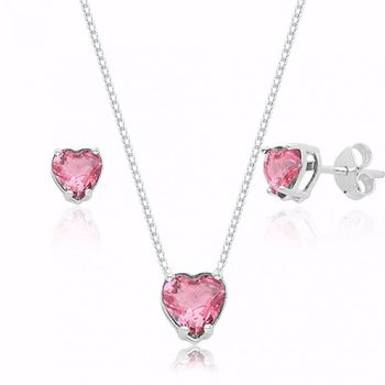 Conjunto Zircônia Coração Rosa Claro Prata 925 - 1... - Roanne Jóias