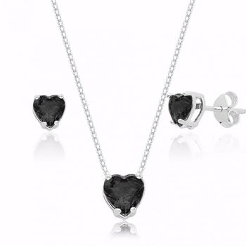 Conjunto Zircônia Coração Preta Prata 925 - 107642... - Roanne Jóias