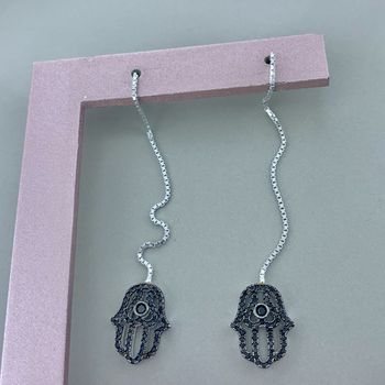 Brinco Fio Mão de Fátima Zircônia Prata 925 - 1010... - Roanne Jóias