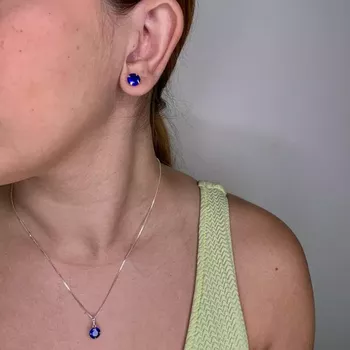 Conjunto Prata Legitima 925 Solitário Zircônia Azu... - Roanne Jóias