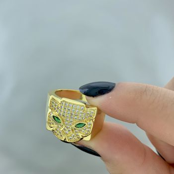 Anel Tigre Cravejado Zirconia Semijoia Banho Ouro ... - Roanne Jóias