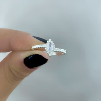 Anel Navete com Zirconia e Aro Pontilhado Prata 92... - Roanne Jóias