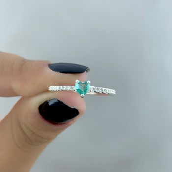 Anel Coraçao Verde Turmalina e Aro com Zirconia Pr... - Roanne Jóias