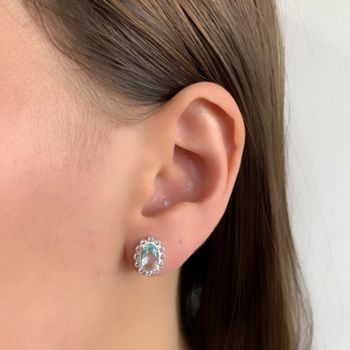 Brinco Prata Legítima 925 Oval Agua Marinha e Cris... - Roanne Jóias